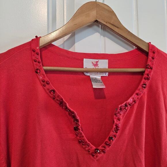 Quaker Factory Sweater Womens 3X Pink Beaded Sequin Bright Stretchy Casual Retro - Picture 3 of 8